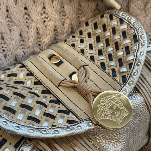 Vintage VERSACE Hobo Beige‎ Leather Suede Fringe Tassel Fringe Hand Bag Tassle - Picture 3 of 15